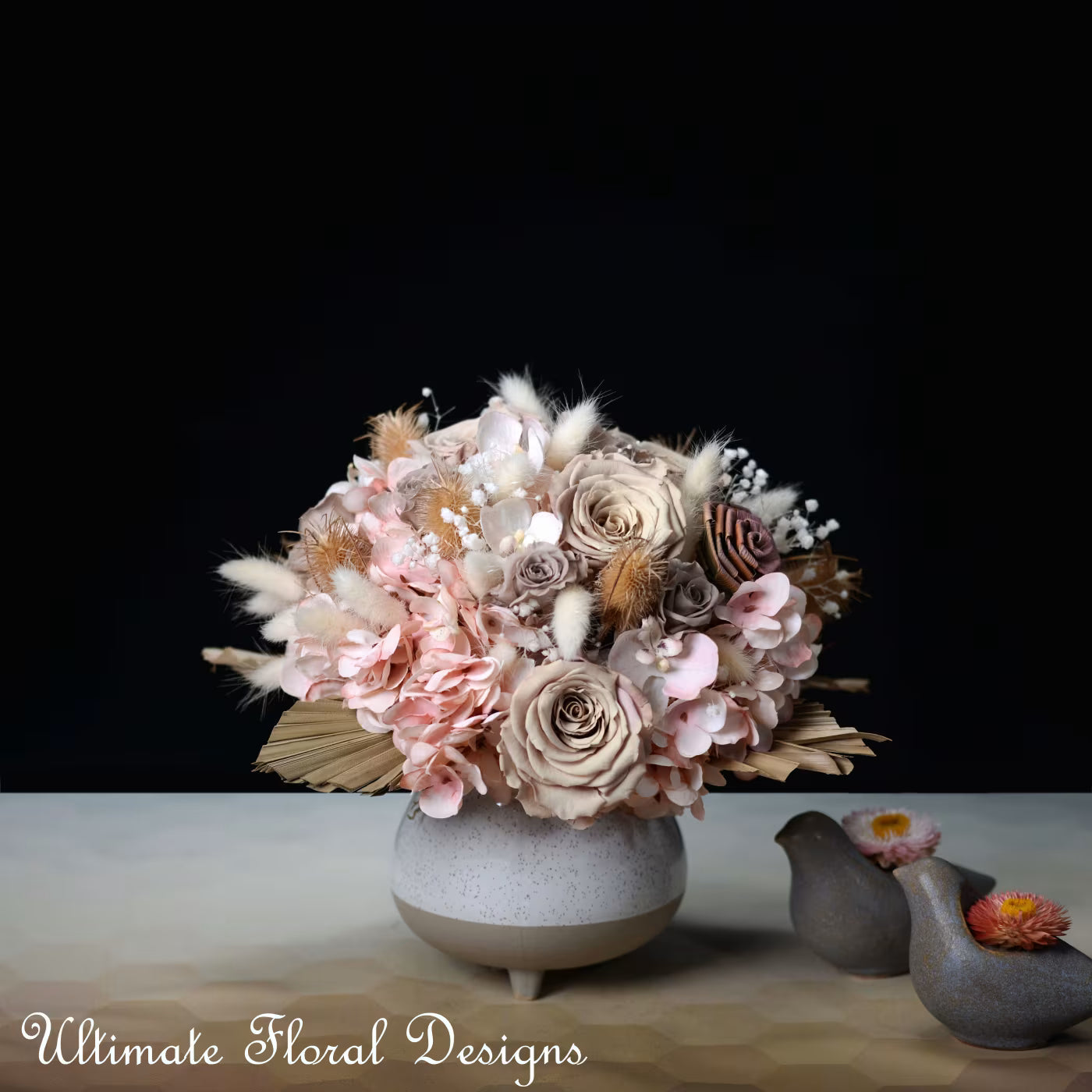 Preserved roses, Hydrangea, bunny tail and fan created by ultimate floral designs-Great Falls, VA