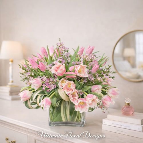 Pink and fringed parrot tulips with wax flower in a modern glass cube vase — Ultimate Floral Designs, Great Falls, VA
